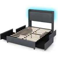 Costway Dubbel bedframe incl. LED-verlichting, gewatteerd platformbed met laadstation, 2 opbergvakken & 4 laden, bedframe met vleugelhoofdeinde, bedframe grijs (200 x 140 cm)