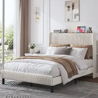 OKWISH Gestoffeerd Bed 140x200cm - Eenpersoonsbed Met Stoffenkop En Geluidsvrij Frame - Koord - Beige