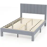 Costway Bedframe voor matras van 200 x 140 cm, fluwelen stof, gevoerd tweepersoonsbedframe, platformbed met hoofdeinde, houten lattenondersteuning, verstelbare voetkussens, grijs (model I, M)
