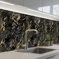 KitchenYeah Keuken achterwand 300x60 cm - Spatscherm zelfklevend Marmer - Zwart - Goudstructuur - Muurbeschermer - Spatwand fornuis