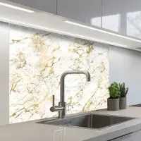 KitchenYeah Keuken achterwand 100x80 cm - Spatscherm zelfklevend Goudspatten - Wit - Marmer print - Muurbeschermer - Spatwand fornuis