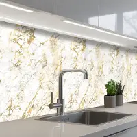 KitchenYeah Keuken achterwand 400x80 cm - Spatscherm zelfklevend Goudspatten - Wit - Marmer print - Muurbeschermer - Spatwand fornuis