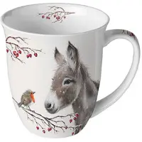 Ambiente -mok-beker-met oor-donkey-ezel-robin-roodborstje-porselein-breekbaar-cadeau-kado