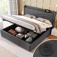 OKWISH Gestoffeerd Bed 180x200 cm - Tweepersoonsbed Met Lade En USB Type-C Opladen - Katoen - Grijs