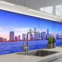 KitchenYeah Keuken achterwand 200x60 cm - Spatscherm zelfklevend Skyline - Blauw - Wolkenkrabbers - Stad - Muurbeschermer - Spatwand fornuis
