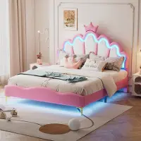 OKWISH Tweepersoonsbedden 140x200 cm - Kinderbed Met LED Licht En Prinsessen Kroon Hoofdbord - Modern Ontwerp - MDF - Roze