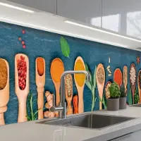 KitchenYeah Keuken achterwand 300x60 cm - Spatscherm zelfklevend Lepels - Hout - Kruiden - Specerijen - Muurbeschermer - Spatwand fornuis