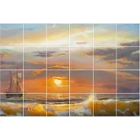 Wallfluent Tegelstickers - Zonsondergang Over De Zee Tegelfolie - Set van 24 stuks 20 x 20 cm - Oranje Tegelstickers Keuken - Mozaïek Landschappen Tegelstickers WC