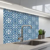 KitchenYeah Keuken achterwand 100x80 cm - Spatscherm zelfklevend Tegel - Patroon - Blauw - Wit - Muurbeschermer - Spatwand fornuis