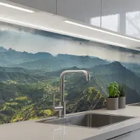 KitchenYeah Keuken achterwand 400x80 cm - Spatscherm zelfklevend Landschap - Vallei - Groen - Muurbeschermer - Spatwand fornuis