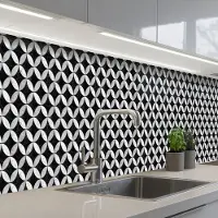 KitchenYeah Keuken achterwand 500x60 cm - Spatscherm zelfklevend Cirkel - Tegels - Marmer print - Zwart - Wit - Muurbeschermer - Spatwand fornuis