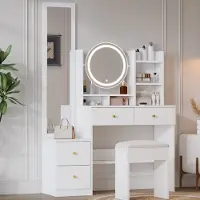 OKWISH Kaptafel - Kaptafel Met LED Spiegel En Drehbare Spiegel - 4-in-1 Met Hocker En Schubladen - 109x36x164 cm - Spaanplaat - Wit