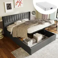 OKWISH Tweepersoonsbedden 160x200 cm - Opbergbed Met Hydraulisch Mechanisme En Lattenbodem - Gestoffeerd Bed Met Comfortabele Matras - Linnen - Grijs