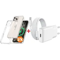 Ntech USB C Adapter oplader - USB C Snellader 20W Met 1m Kabel - Hoesje Geschikt voor iPhone 16 Pro Max hoesje transparant Anti Shock silicone met 2x screenprotector- COMBI-SET
