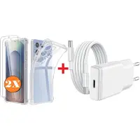 Ntech USB C Adapter oplader - USB C Snellader 20W Met 1m Kabel - Hoesje Geschikt voor Samsung Galaxy S25 Ultra hoesje transparant Anti Shock silicone met 2x screenprotector- COMBI-SET