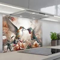 KitchenYeah Spatscherm 80x55 cm - Zelfklevende achterwand Kolibrie - Vogels - Bloemen - Natuur - Keuken muurbeschermer - Spatwand fornuis