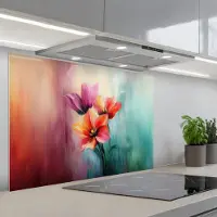 KitchenYeah Spatscherm 80x55 cm - Zelfklevende achterwand Tulpen - Lichtreflecties - Kleurverloop - Keuken muurbeschermer - Spatwand fornuis