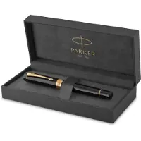 Parker Duofold Centennial vulpen | Klassiek zwart met goud detail | Medium puur gouden penpunt | Zwarte inkt en converter | Premium geschenkdoos