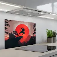 KitchenYeah Spatscherm 70x55 cm - Zelfklevende achterwand Zon - Krijger - Bomen - Bergen - Keuken muurbeschermer - Spatwand fornuis