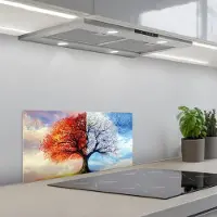 KitchenYeah Spatscherm 70x30 cm - Zelfklevende achterwand Seizoenen - Kunst - Boom - Winter - Herfst - Keuken muurbeschermer - Spatwand fornuis