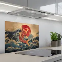 KitchenYeah Spatscherm 70x55 cm - Zelfklevende achterwand Koi - Zee - Golven - Zon - Keuken muurbeschermer - Spatwand fornuis