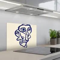 KitchenYeah Spatscherm 60x45 cm - Zelfklevende achterwand Lijntekening - Overlappende gezichten - Donkerblauw - Keuken muurbeschermer - Spatwand fornuis
