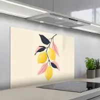KitchenYeah Spatscherm 100x65 cm - Zelfklevende achterwand Citroenen - Felgeel - Tak - Bladeren - Keuken muurbeschermer - Spatwand fornuis