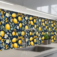 KitchenYeah Keuken achterwand 250x60 cm - Spatscherm zelfklevend Citroenen - Bloemen - Bladeren - Blauw - Muurbeschermer - Spatwand fornuis