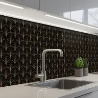 KitchenYeah Keuken achterwand 300x60 cm - Spatscherm zelfklevend Gouden - Waaiers - Zwart - Muurbeschermer - Spatwand fornuis