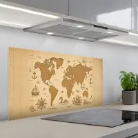 KitchenYeah Spatscherm 100x50 cm - Zelfklevende achterwand Wereldkaart - Decoratief - Avontuurlijk - Keuken muurbeschermer - Spatwand fornuis