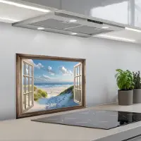 KitchenYeah Spatscherm 60x45 cm - Zelfklevende achterwand Doorkijk - Strand - Raam - Duinen - Zee - Keuken muurbeschermer - Spatwand fornuis