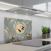 KitchenYeah Spatscherm 70x50 cm - Zelfklevende achterwand Kraanvogels - Maan - Bloemen - Blauw - Keuken muurbeschermer - Spatwand fornuis