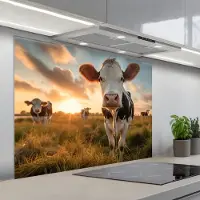 KitchenYeah Spatscherm 100x75 cm - Zelfklevende achterwand Koe - Weiland - Dieren portret - Natuur - Koeien - Keuken muurbeschermer - Spatwand fornuis