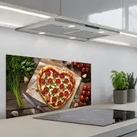 KitchenYeah Spatscherm 90x45 cm - Zelfklevende achterwand Pizza - Hart - Pepperoni - Tomaat - Keuken muurbeschermer - Spatwand fornuis