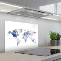 KitchenYeah Spatscherm 70x55 cm - Zelfklevende achterwand Wereldkaart - Aquarel - Pastel - Keuken muurbeschermer - Spatwand fornuis