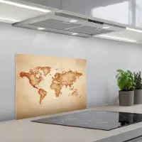 KitchenYeah Spatscherm 60x45 cm - Zelfklevende achterwand Wereldkaart - Bruin - Klassiek - Keuken muurbeschermer - Spatwand fornuis