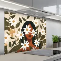 KitchenYeah Spatscherm 100x75 cm - Zelfklevende achterwand Illustratie - Vrouw - Madeliefjes - Wit - Keuken muurbeschermer - Spatwand fornuis