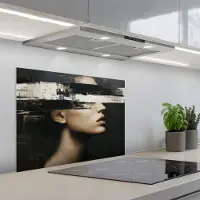 KitchenYeah Spatscherm 70x50 cm - Zelfklevende achterwand Gezicht - Vrouw - Zwart - Abstract - Keuken muurbeschermer - Spatwand fornuis
