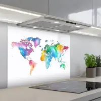 KitchenYeah Spatscherm 80x60 cm - Zelfklevende achterwand Regenboog - Wereldkaart - Aquarel - Keuken muurbeschermer - Spatwand fornuis
