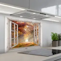 KitchenYeah Spatscherm 90x70 cm - Zelfklevende achterwand Herfst - Bos - Bomen - Natuur - Doorkijk - Keuken muurbeschermer - Spatwand fornuis