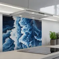 KitchenYeah Spatscherm 90x60 cm - Zelfklevende achterwand Golven - Blauw - Schuim - Keuken muurbeschermer - Spatwand fornuis