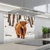 KitchenYeah Spatscherm 90x70 cm - Zelfklevende achterwand Schotse Hooglander - Sneeuw - Winter - Natuur - Dieren - Keuken muurbeschermer - Spatwand fornuis