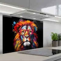 KitchenYeah Spatscherm 80x55 cm - Zelfklevende achterwand Graffiti - Leeuw - Bril - Zwart - Kleurrijk - Keuken muurbeschermer - Spatwand fornuis