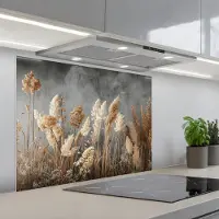 KitchenYeah Spatscherm 90x70 cm - Zelfklevende achterwand Gedroogde Veldbloemen - Grijs - Beton print - Keuken muurbeschermer - Spatwand fornuis