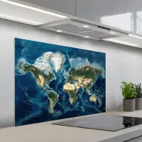 KitchenYeah Spatscherm 100x65 cm - Zelfklevende achterwand Wereldkaart - Natuurlijk - Goud - Keuken muurbeschermer - Spatwand fornuis