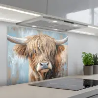 KitchenYeah Spatscherm 90x70 cm - Zelfklevende achterwand Schotse hooglander - Dieren - Koe - Street art - Keuken muurbeschermer - Spatwand fornuis