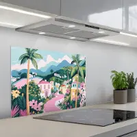 KitchenYeah Spatscherm 70x50 cm - Zelfklevende achterwand Kleurrijk - Huizen - Heuvels - Roze - Keuken muurbeschermer - Spatwand fornuis