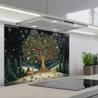 KitchenYeah Spatscherm 90x60 cm - Zelfklevende achterwand Feestboom - Winterhemel - Kleurrijk - Keuken muurbeschermer - Spatwand fornuis