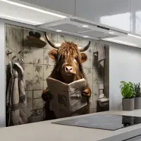 KitchenYeah Spatscherm 120x80 cm - Zelfklevende achterwand Schotse hooglander - Toilet - Krant - Badkamer - Keuken muurbeschermer - Spatwand fornuis