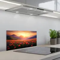 KitchenYeah Spatscherm 70x30 cm - Zelfklevende achterwand Landschap - Zonsondergang - Bloemenveld - Keuken muurbeschermer - Spatwand fornuis